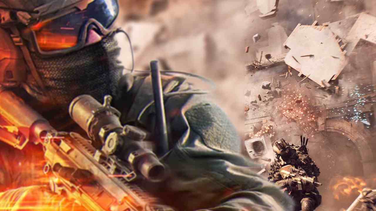 Battlefield 6 destruction with buildings collapsing behind a soldier