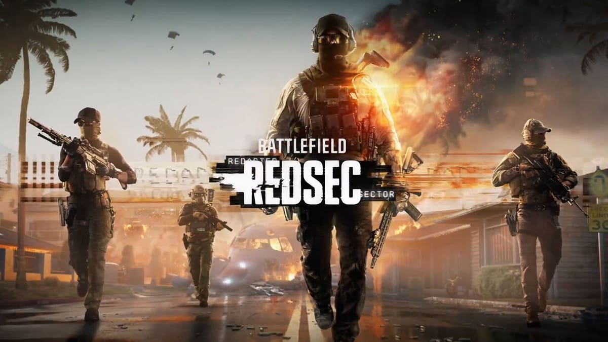 Cover image for Battlefield RedSec, showing four soldiers walking away from a wreckage of a plane fuselage.