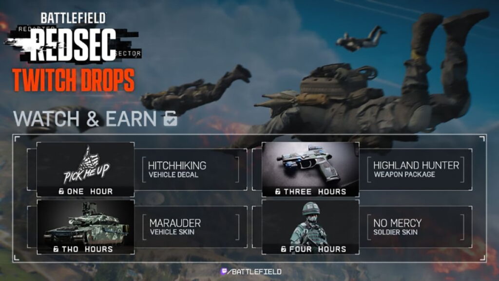 Image showing the four Twitch Drops rewards for the streaming promotion in Battlefield RedSec.