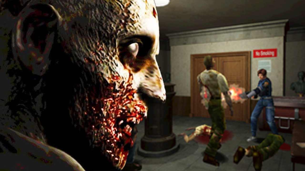 Resident Evil zombie head turn in front of classic original 1998 RE2 gameplay