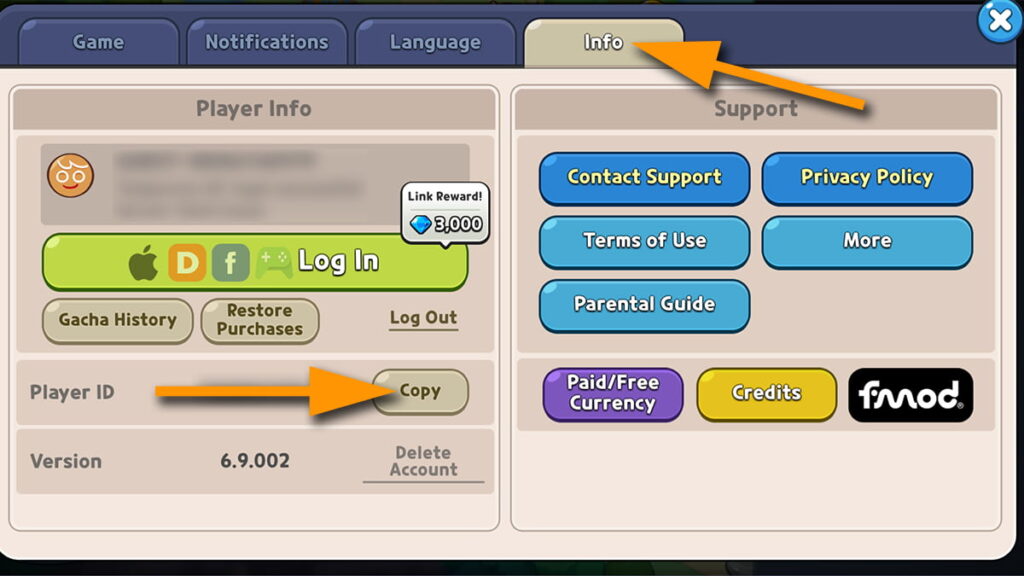 Image of the Settings window and Info tab in Cookie Run Kingdomwith orange arrows pointing at the Info tab and the Copy button next to the Player ID number.