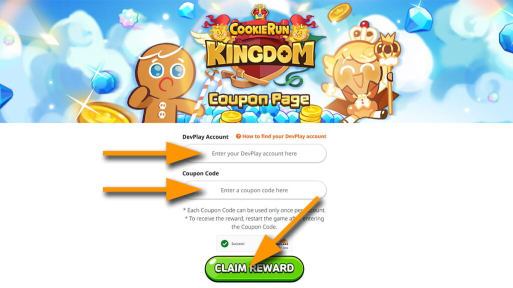 Image of the Cookie Run Kingdom Coupon Page websitewith orange arrows pointing at the Player ID text fieldcoupon code text fieldand the Claim Reward button.
