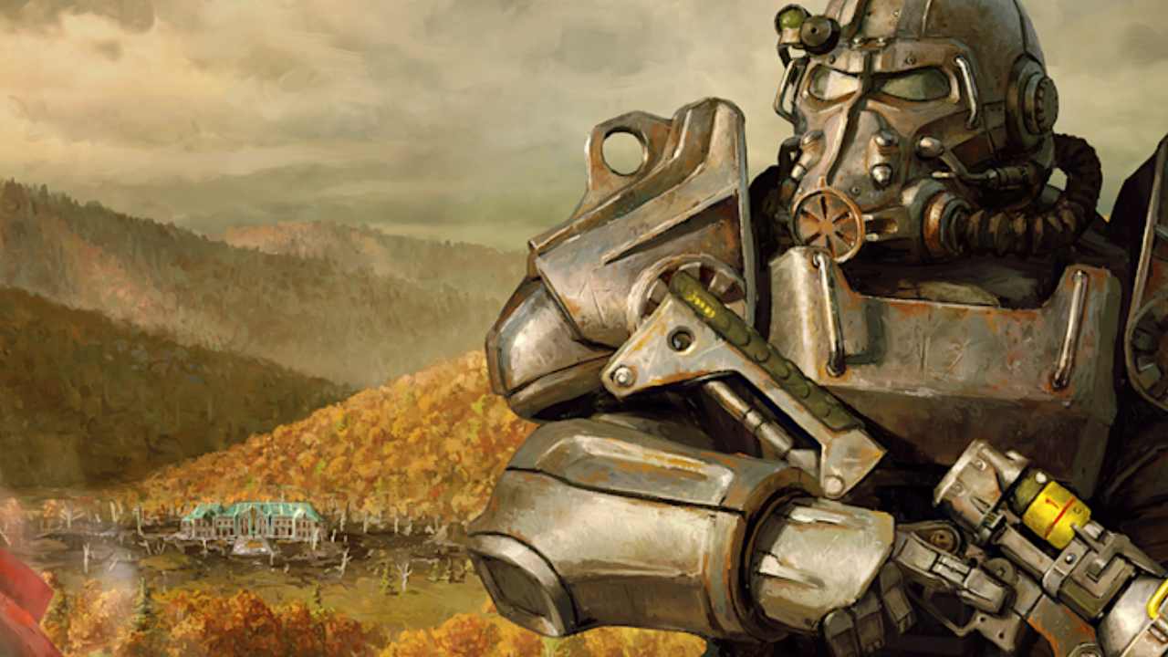 Fallout 76 keyart showing a brotherhood of steel soldier on an appalachian hill