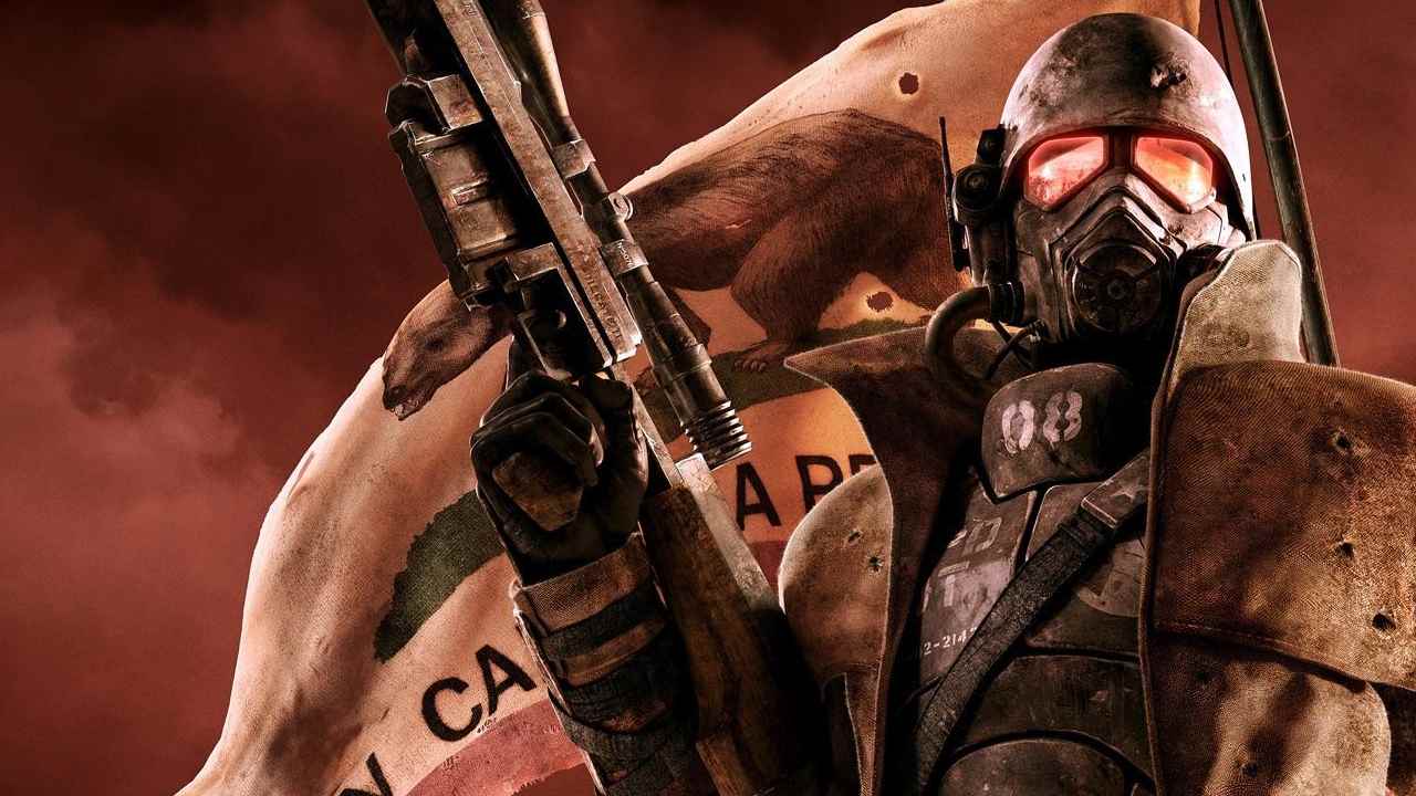 Fallout New Vegas NCR soldier standing in front of a burning flag