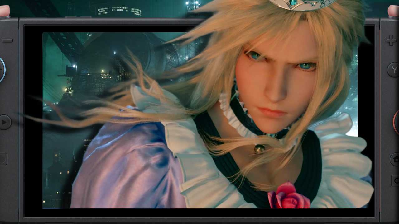 Final Fantasy 7 Remake Cloud Strife in a dress on a Nintendo Switch 2