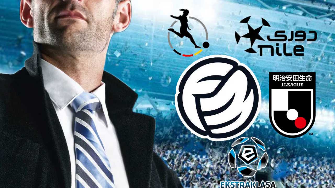 Football Manager 26 man standing next to a bunch of league logos