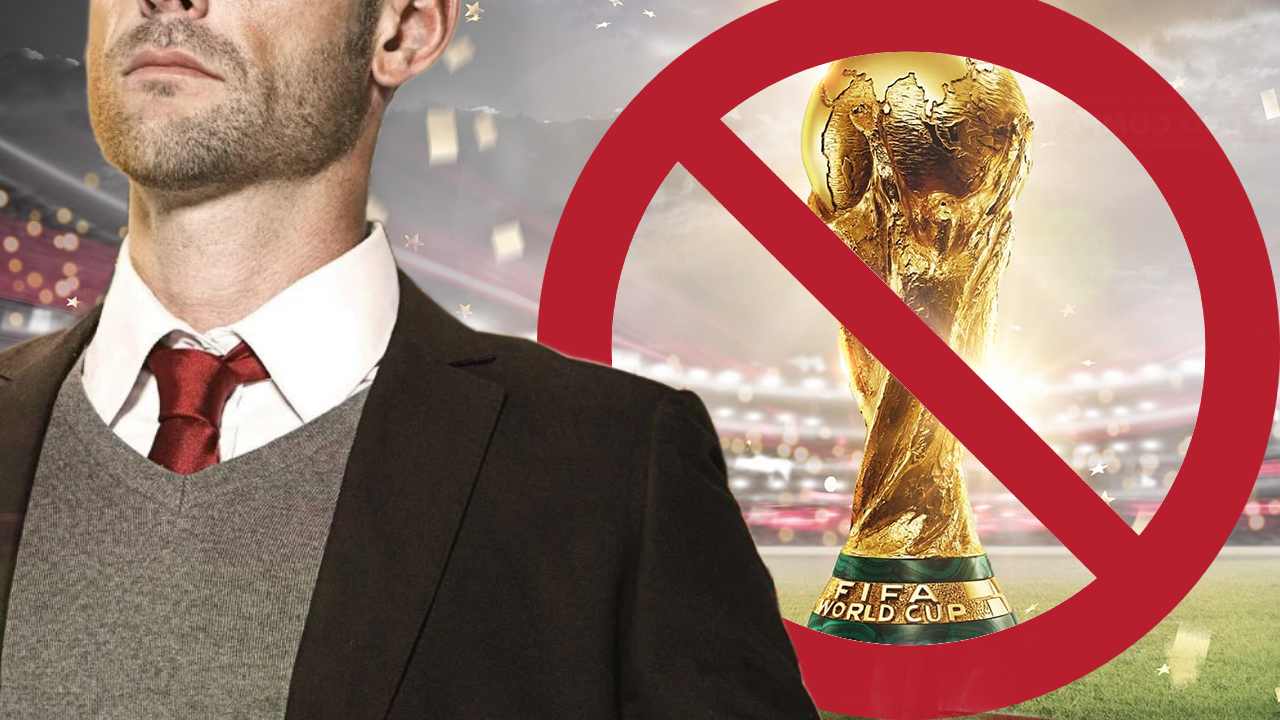 Football Manager 26 man standing in front of a world cup