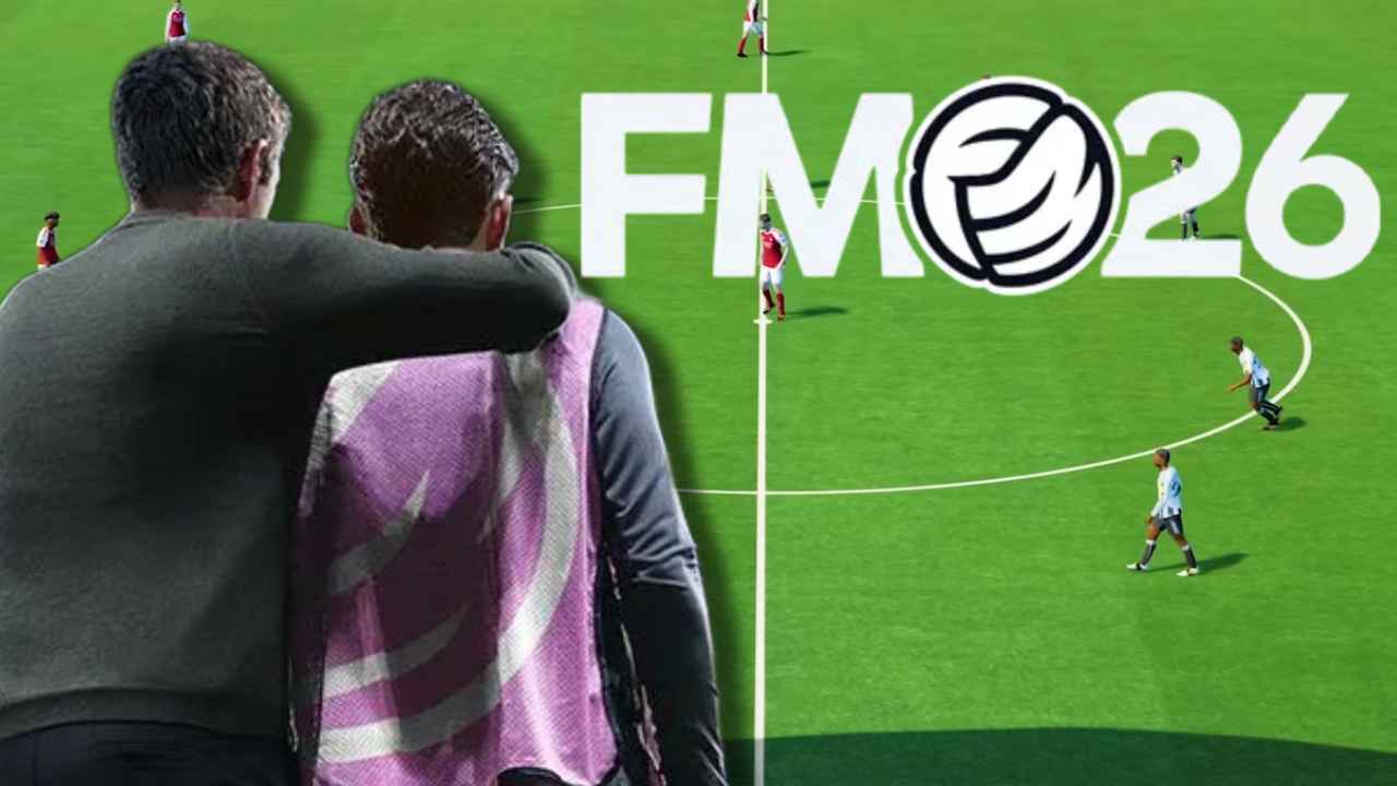 Football Manager 26 manager standing in front of match engine gameplay
