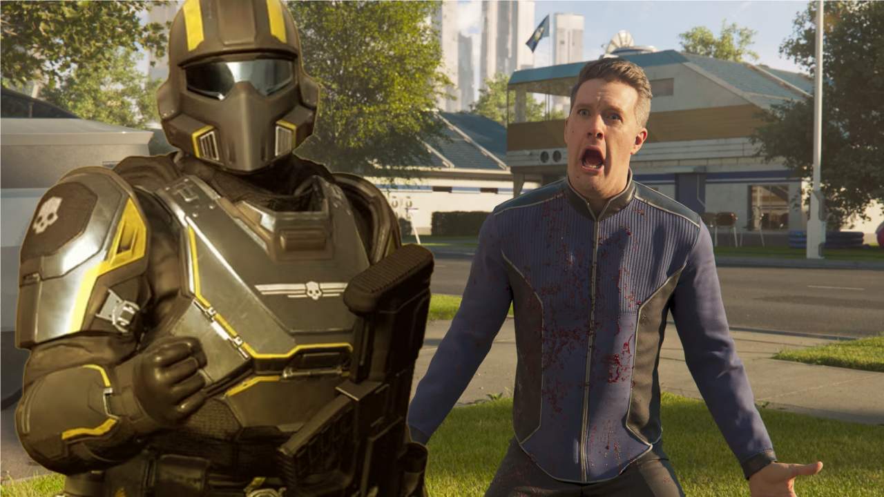 Helldivers 2 soldier standing next to screaming civillian