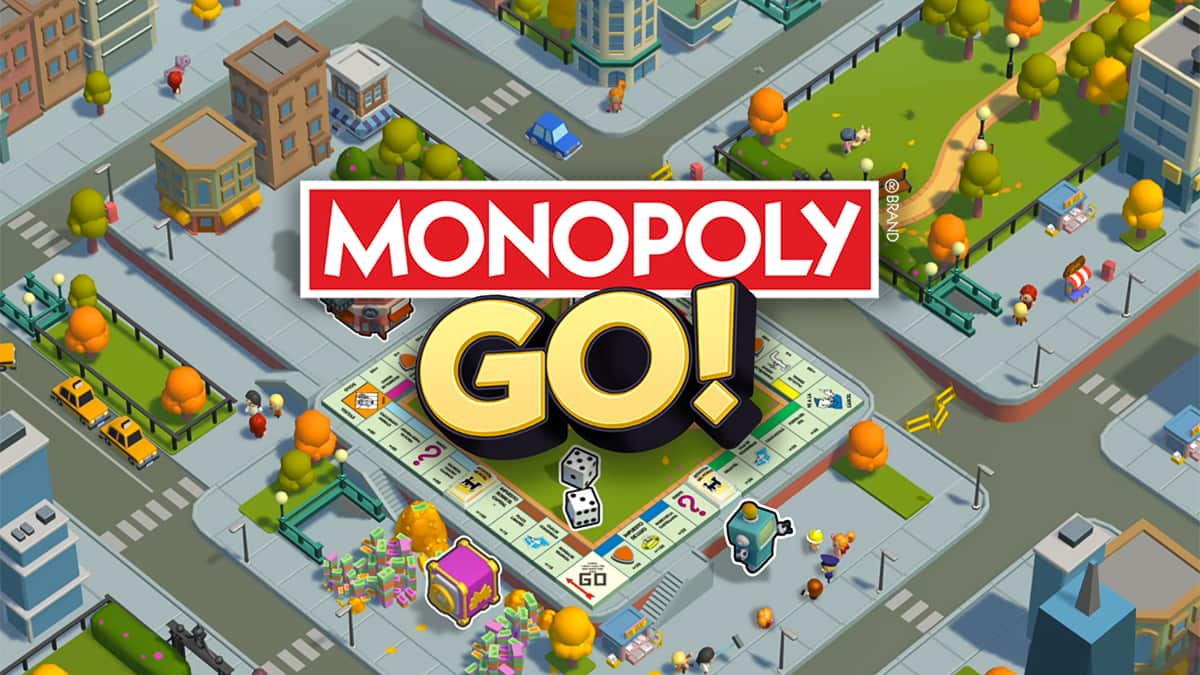 Image showing the Monopoly GO game board and the game's logo in the foreground. The game features frequent official links that reward players with free dice.
