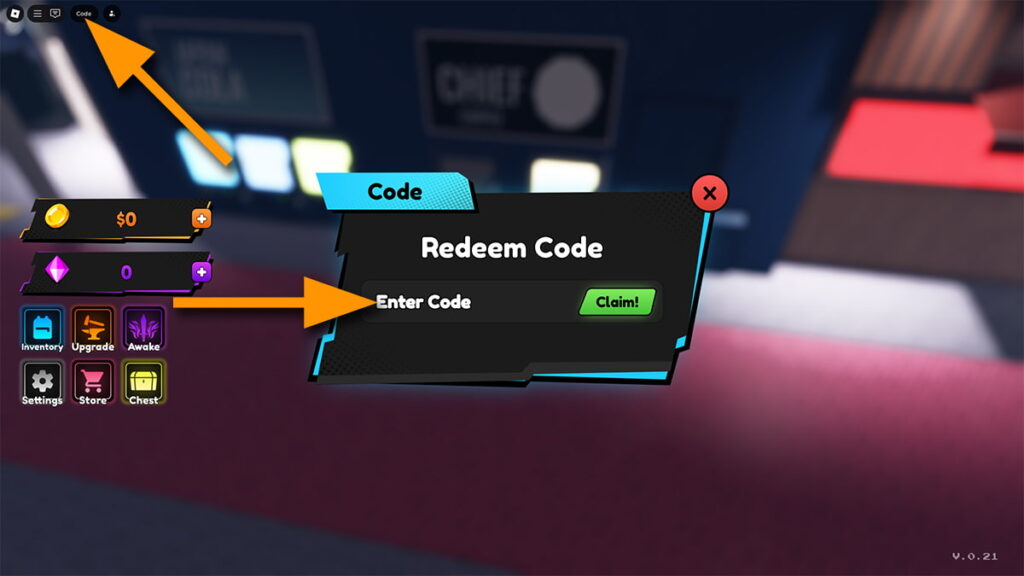 Image of the code redemption screen in Blade X Zombies on Roblox, with orange arrows pointing at the Code button and the code input text box.