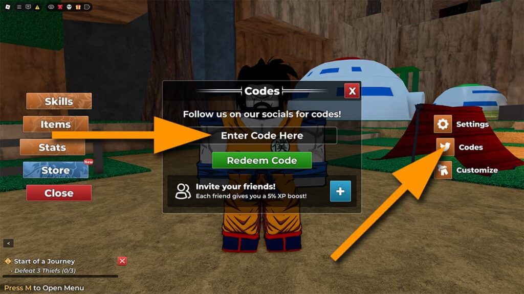 Image showing the code redemption window in Dragon Soul on Roblox, with orange arrows pointing at the Codes button and the code input text box.