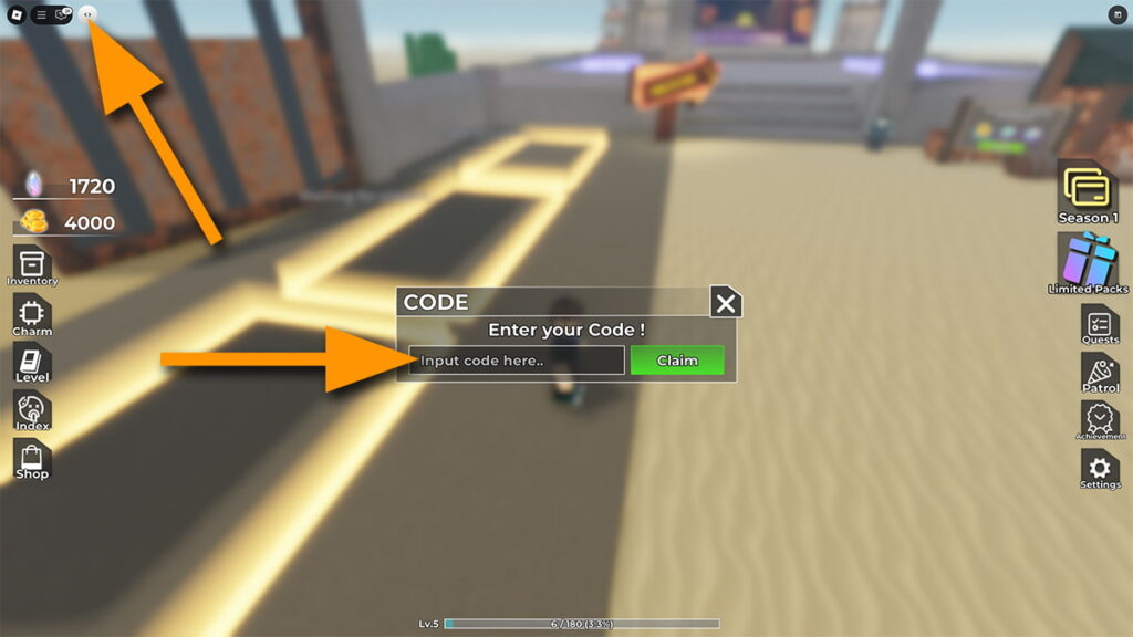 Image of the code redemption screen in Endless Horde on Roblox, with orange arrows pointing at the Codes button and the code input text box.