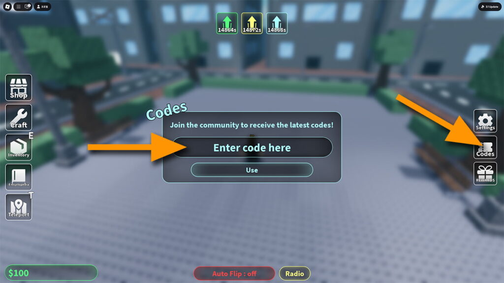 Image of the Codes window in Heads Please on Roblox, with orange arrows pointing at the Codes button and the code input text box.