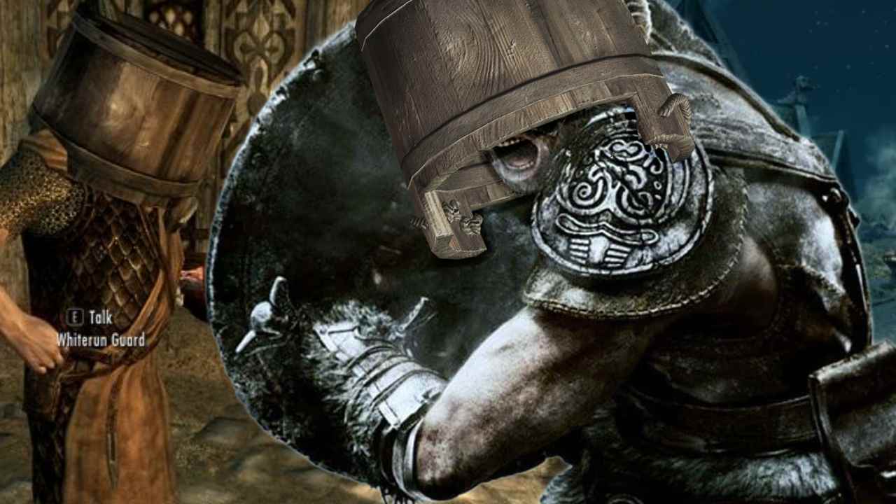 Skyrim protagonist with a bucket on his head