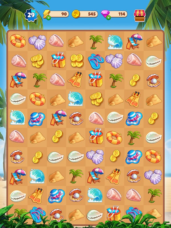 Image of the gameplay board in the mobile game Travel Town on iOS and Android.