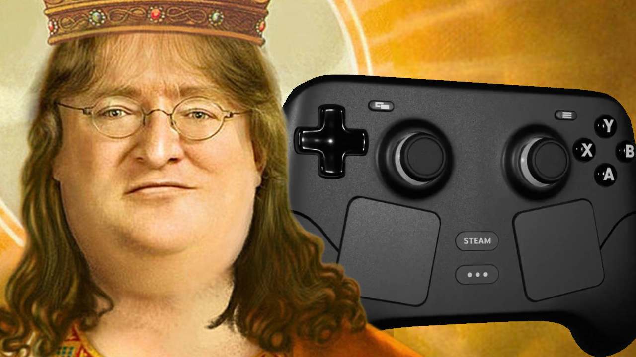 Valve Triton Steam Controller 2 render behind Gabe Gaben' Newell render