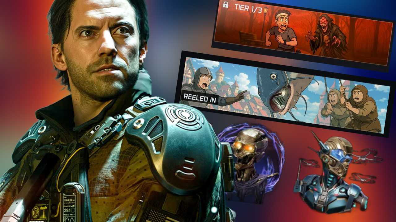 Call of Duty Black Ops 7 protagonist standing next to AI generated art assets from the game