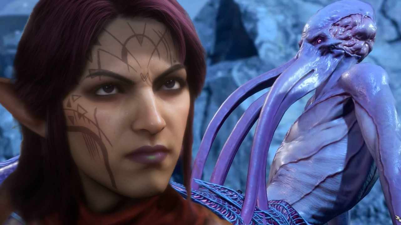 Dragon Age: The Veilguard character in front of Baldur's Gate 3