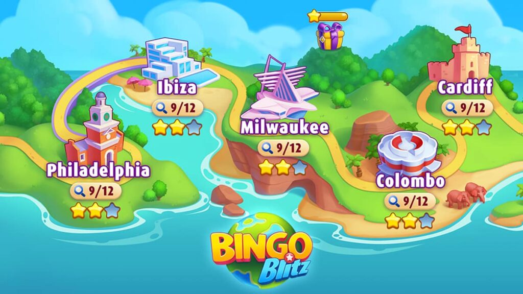 Image showing the Cities on Island 32 in the mobile game Bingo Blitz.