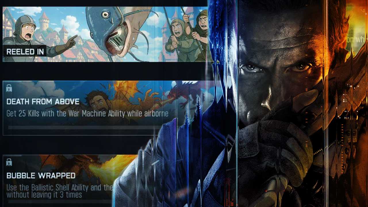 Call of Duty: Black Ops 7 cover art in front of AI art calling cards in the game