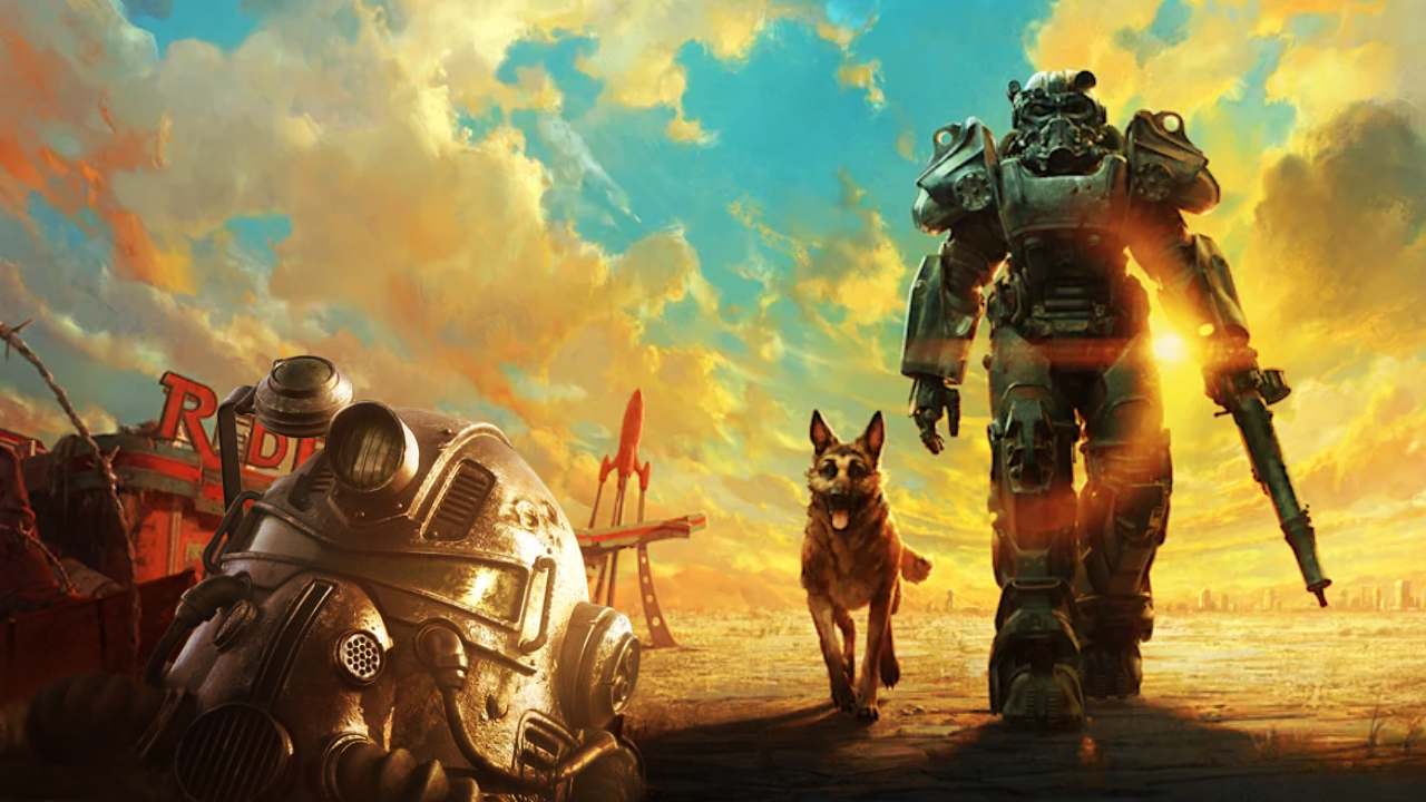 Fallout 4 Anniversary Edition keyart showing the lone wanderer with dogmeat
