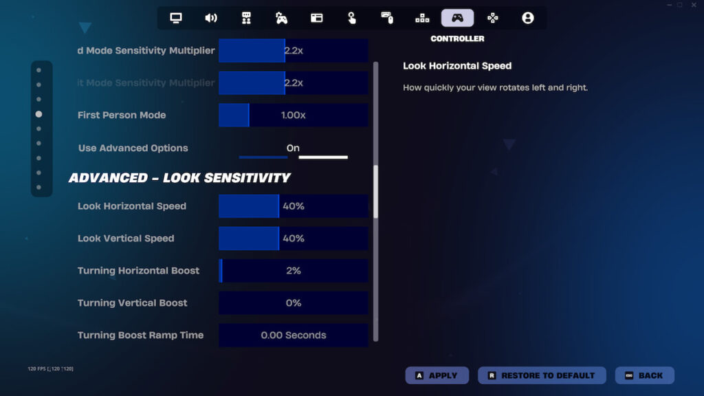Image showing the Fortnite Controller Settings, and the Look Speed options.