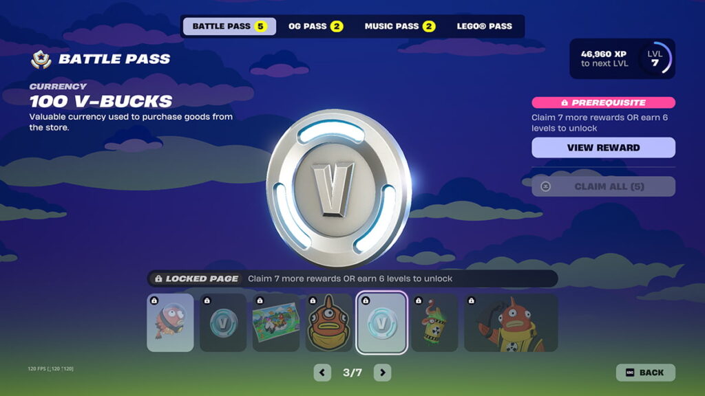 Image showing the free V-Bucks reward from Fortnite's paid Battle Pass track.