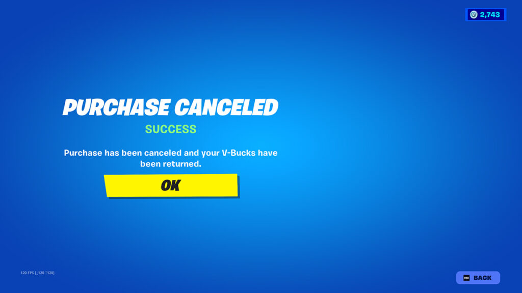 Image of the purchase cancellation confirmation screen in Fortnite.