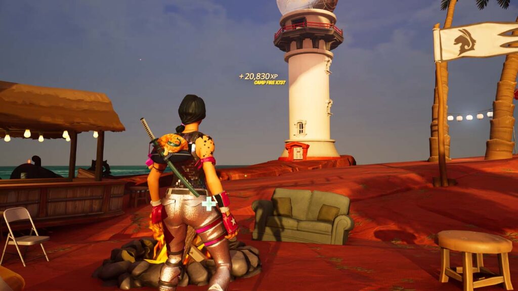 Plastic Beach XP map in Fortnite with a campfire
