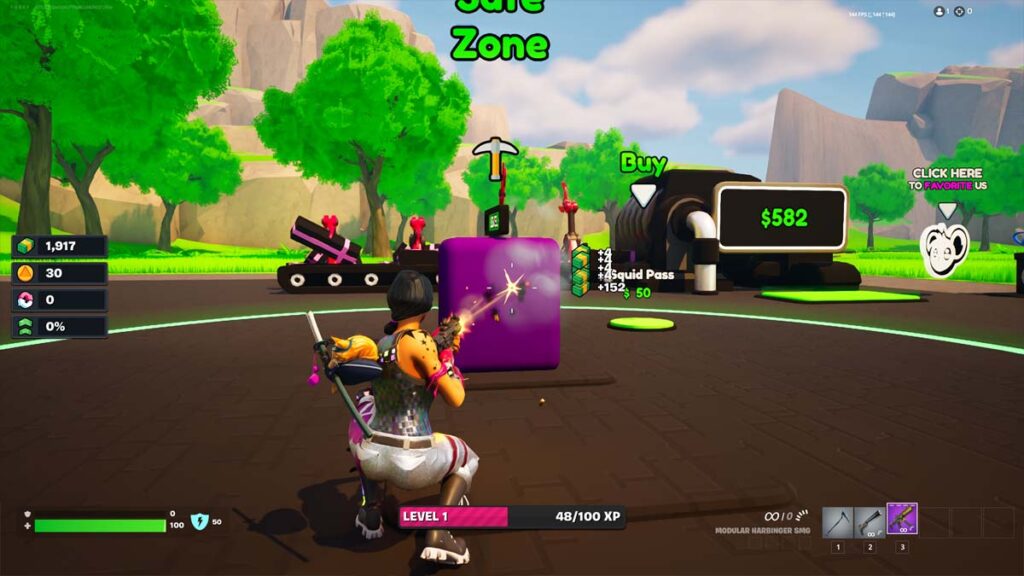 Fortnite player earning XP from a tycoon map