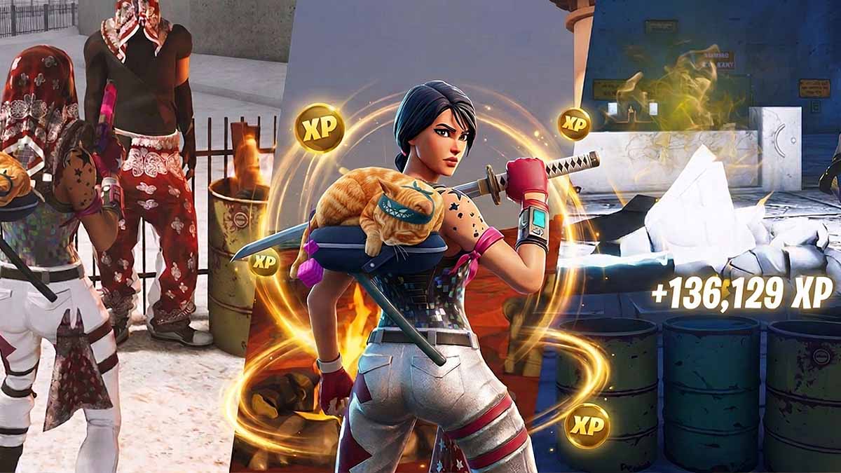 Fortnite character gaining XP with XP maps