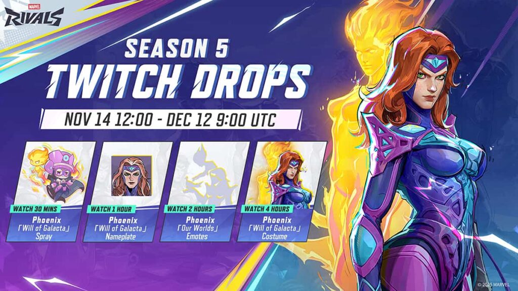 Promo image showcasing the Season 5 Twitch Drops for Marvel Rivals, featuring the hero Phoenix.