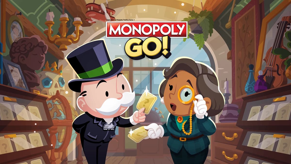 Promo image for the game Monopoly GO, featuring the Monopoly mascot offering a golden ticket to another character inside a shop, symbolizing the game's principles of strategy, profit, events, and rewards.