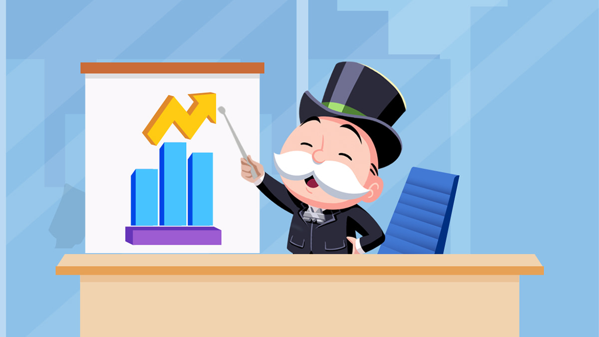 Promo image for the game Monopoly GO, showing the game's mascot pointing at a that shows rising profits chart, which players can achieve by winning at tournaments.