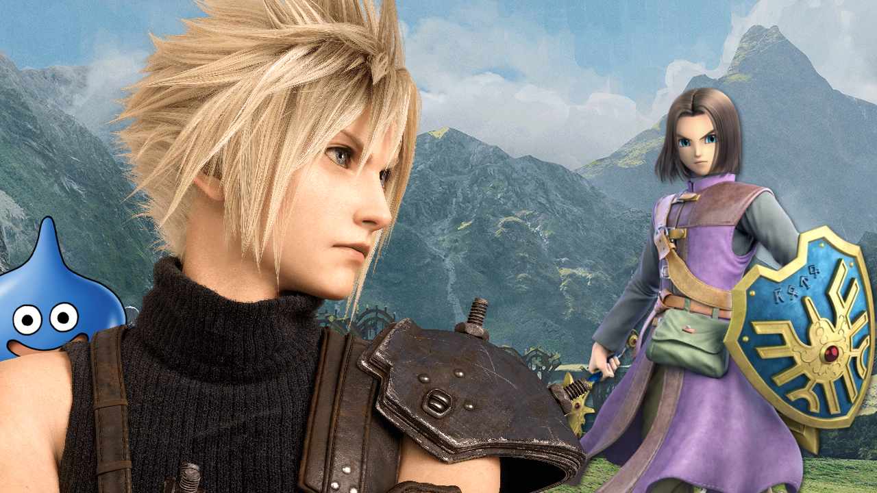 Square Enix characters cloud strife and dragon quest 11 hero in a field
