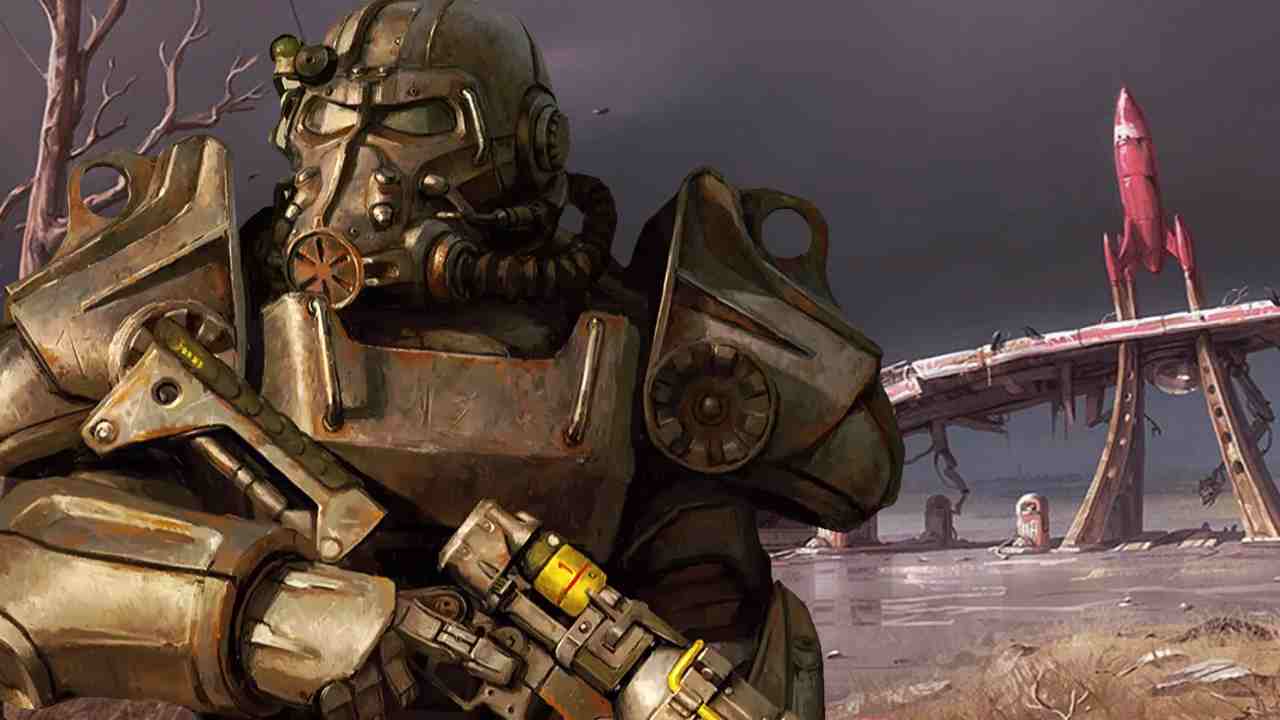 Fallout Brotherhood of Steel soldier standing in front of red rocket