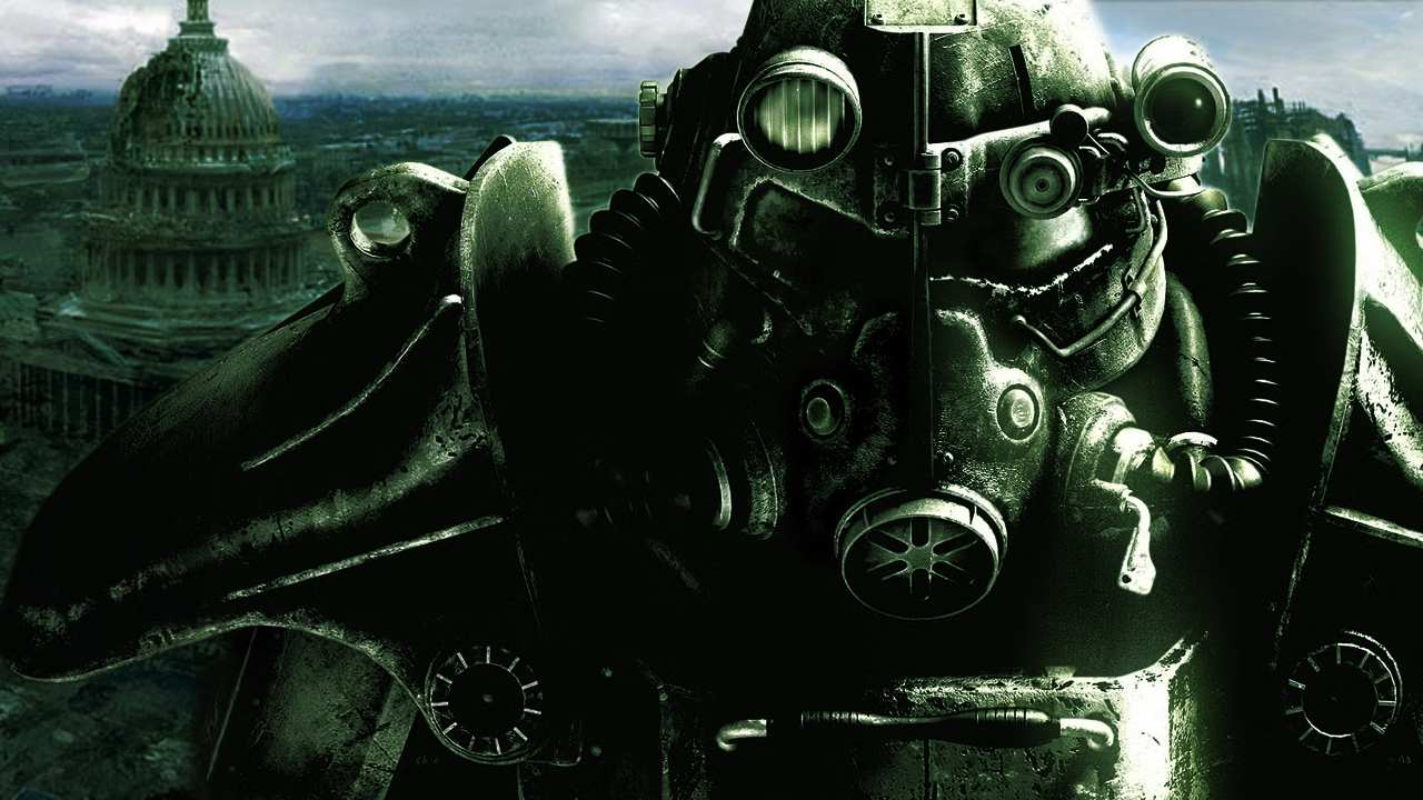 Fallout 3 Brotherhood of Steel soldier standing in front of decimated Washington DC