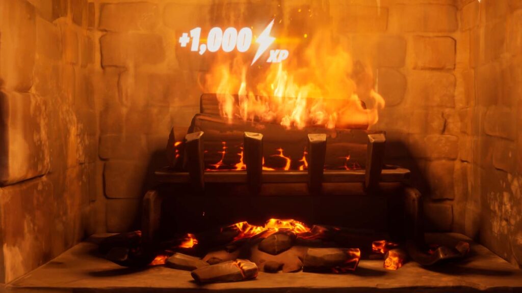 Fortnite XP boost at the Winterfest cabin fireplace