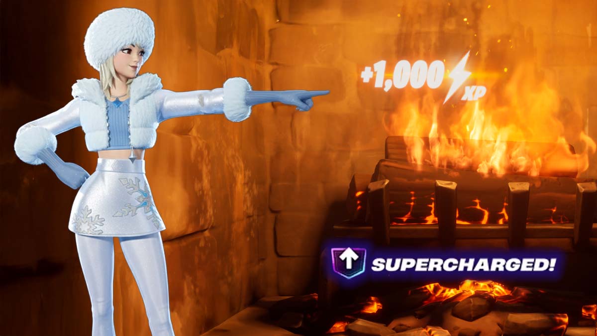 Fortnite XP boost at the Winterfest cabin fireplace