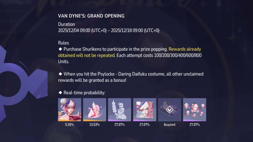 Chances of getting specific items in Van Dyne's grand opening event in Marvel Rivals