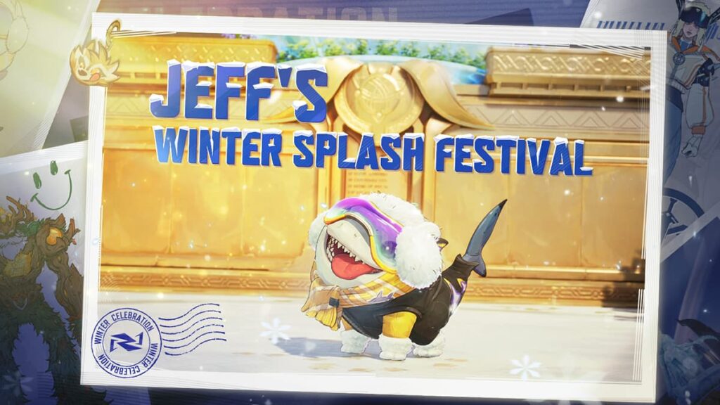 Promo image for Marvel Rivals Jeff's Winter Splash Festival event, featuring Jeff the Land Shark in a winter costume.