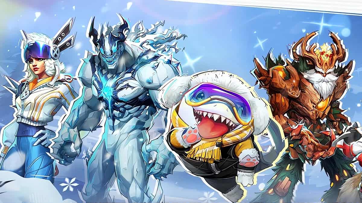 Image showing Jeff the Shark from Marvel Rivals in a winter celebration outfit, with other characters posing in the background.