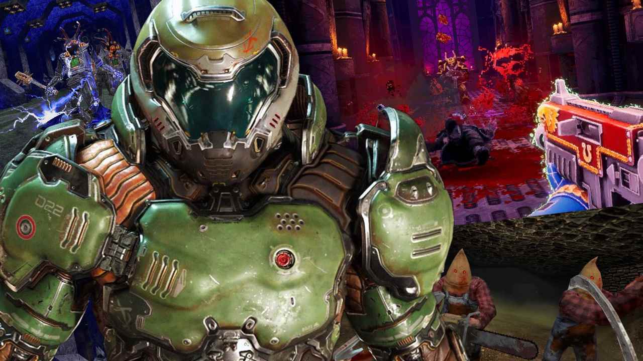 DOOM Slayer in front of Amid Evil, Dusk, Boltgun and more