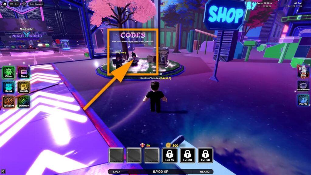 Image of the hub area in Anime Auto Chess on Roblox, with an orange box and arrow pointing at the Codes NPC.