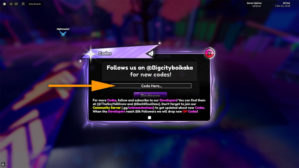 Image of the code redemption screen in Anime Auto Chess on Roblox, with an orange arrow pointing at the code input text box.