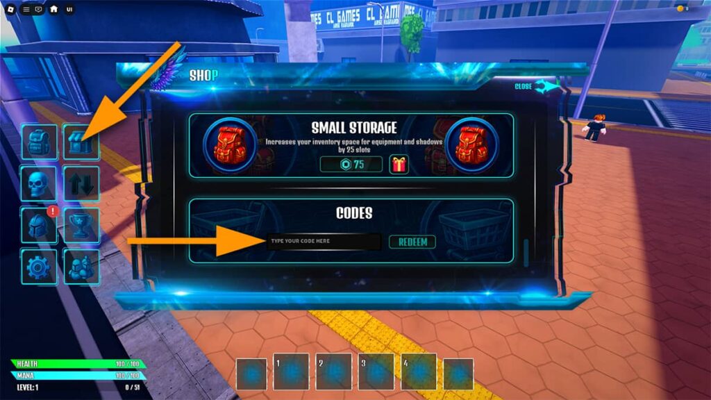 Image of the Shop window in Arise Ragnarok Crossover, with orange arrows pointing at the Shop button and the code input text box.