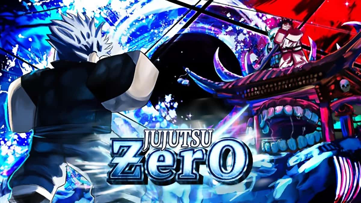 Cover image for the Roblox game Jujutsu Zero, featuring a character walking towards a wooden Japanese gate. The game allows players to roll their lineage through Clans.