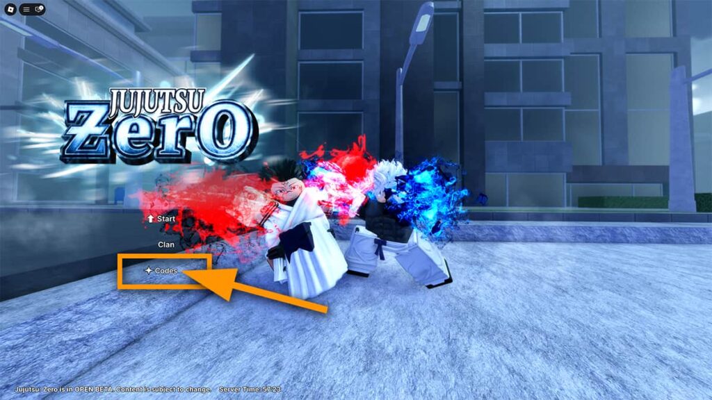 Image of the main menu of Jujutsu Zero on Roblox, with an orange box and arrow pointing at the Codes button.