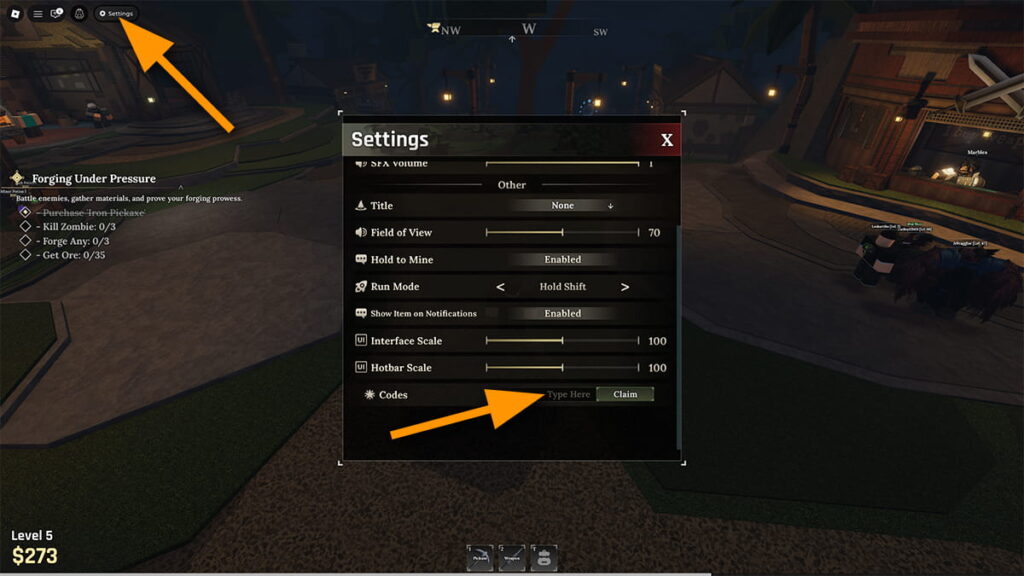 Image showing the Settings window in The Forge on Roblox, with orange arrows pointing at the Settings button, and the "Type Here" code input text box.